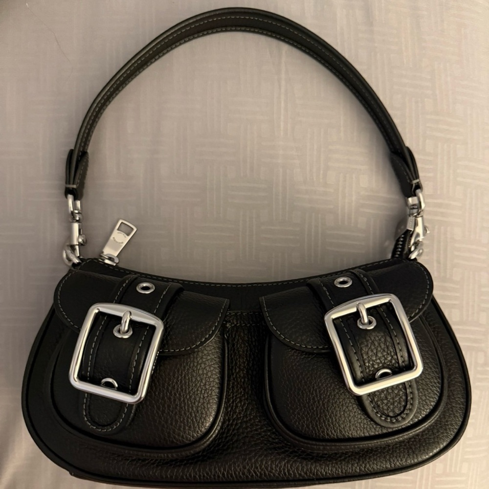 Coach Black Leather Shoulder Bag with Silver Buckles